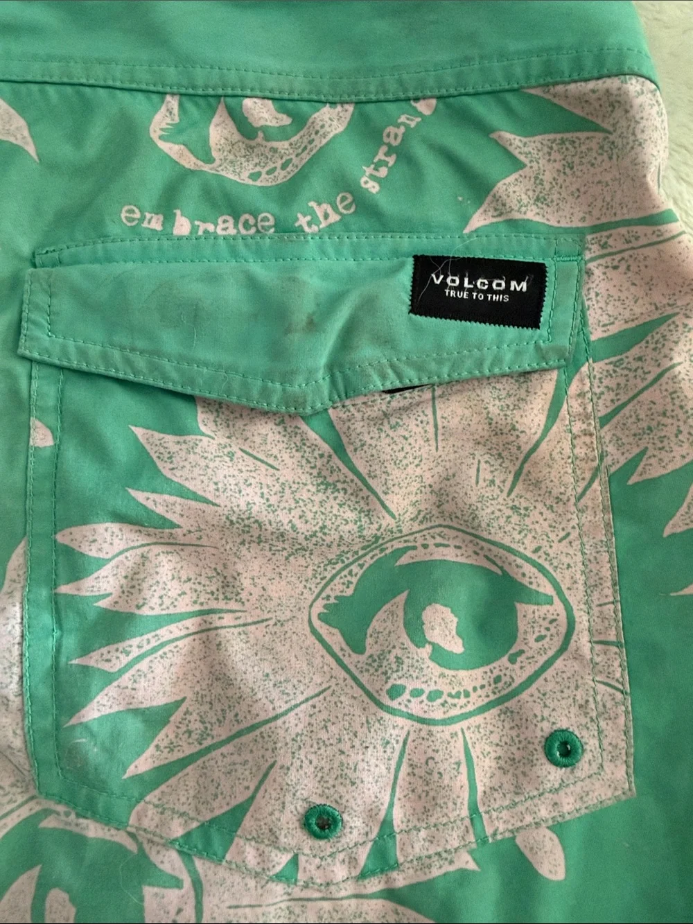 Volcom Men’s Teal Swim Board Shorts with Pink Sunburst Print